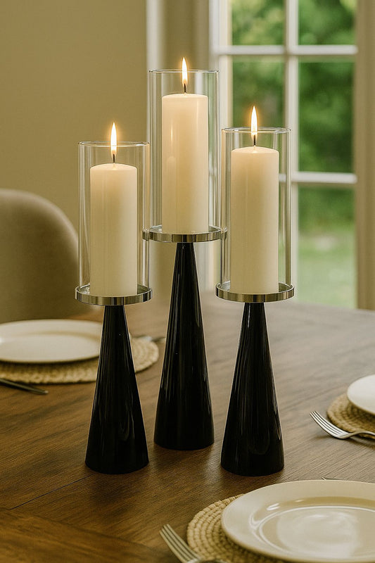 Metal Candle Holder With Crystal Base Pack of 3 Black