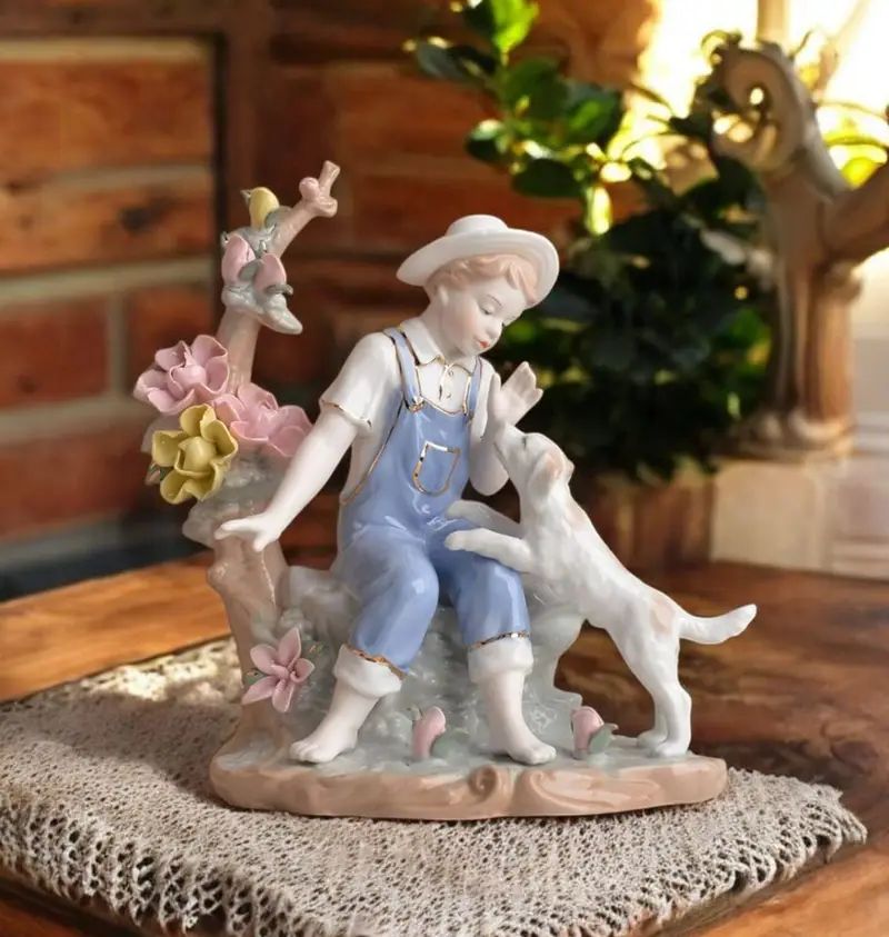 Victorian Boy Playing With Dog Showpiece
