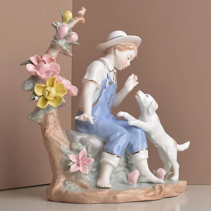 Victorian Boy Playing With Dog Showpiece