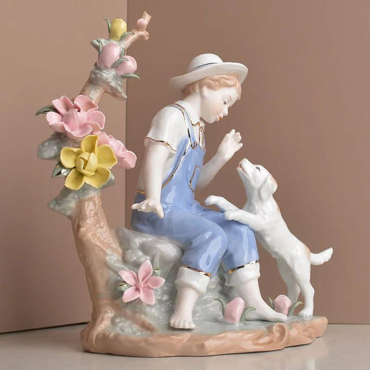 Victorian Boy Playing With Dog Showpiece