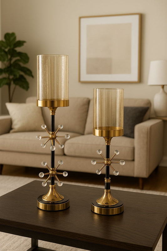 Metal Candle Holder with Crystal Work & Glass Base [ Pack of 2 ]