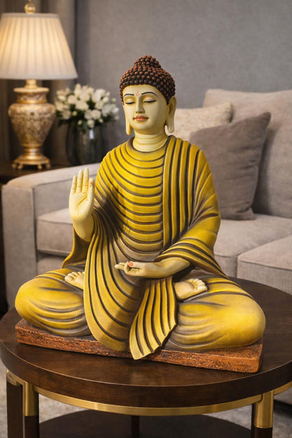 The Enlightened Siddhartha - Polystone Buddha Statue - 15 Inch [ Mustard ]