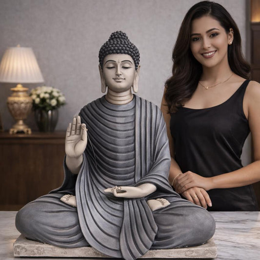 The Enlightened Siddhartha - Polystone Buddha Statue - 15 Inch [ Grey ]