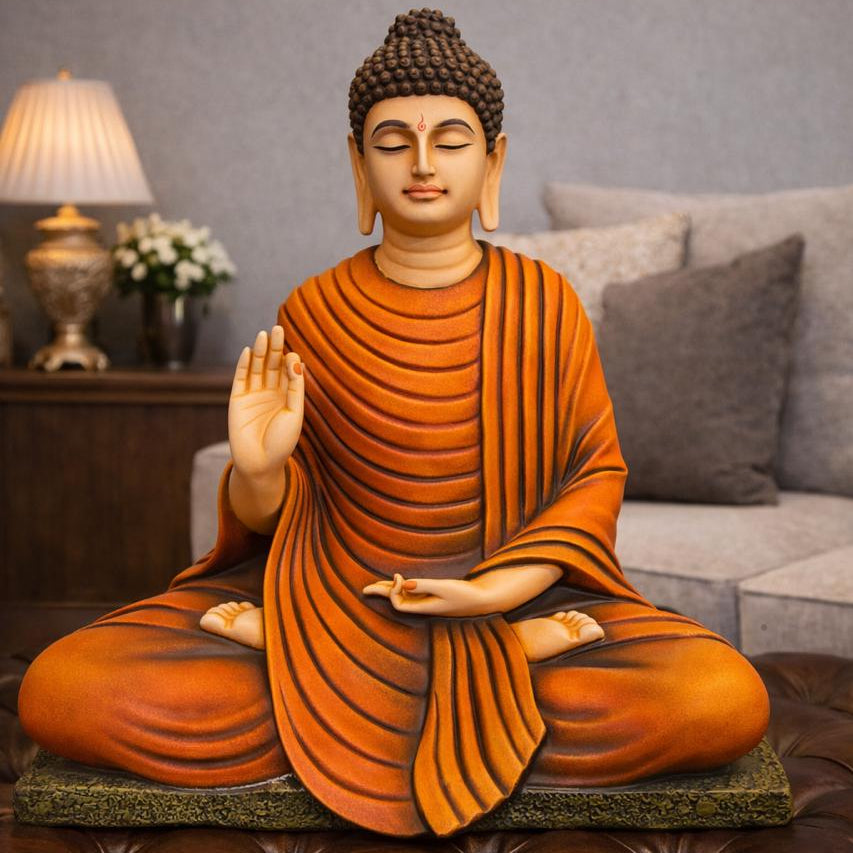 The Enlightened Siddhartha - Polystone Buddha Statue - 15 Inch [ Orange ]
