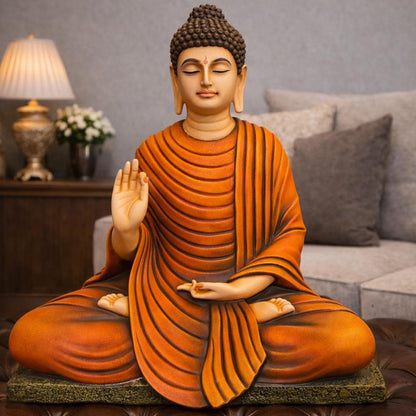 The Enlightened Siddhartha - Polystone Buddha Statue - 15 Inch [ Orange ]
