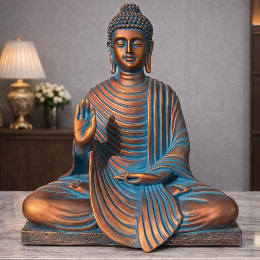 The Enlightened Siddhartha - Polystone Buddha Statue - 15 Inch [ Bronze & Blue ]
