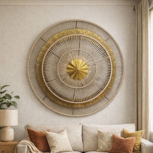 Gold PVD Finish Circular Metal Wall Art  With LED Light [55 x 55 Inch ] Style 8