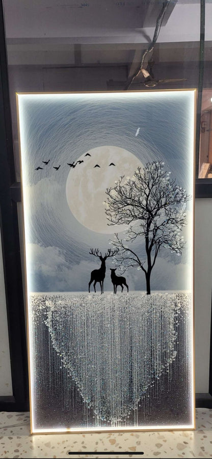 Modern Crystal Glass Painting Set - 24x48 Inch - LED Light - Golden Frame