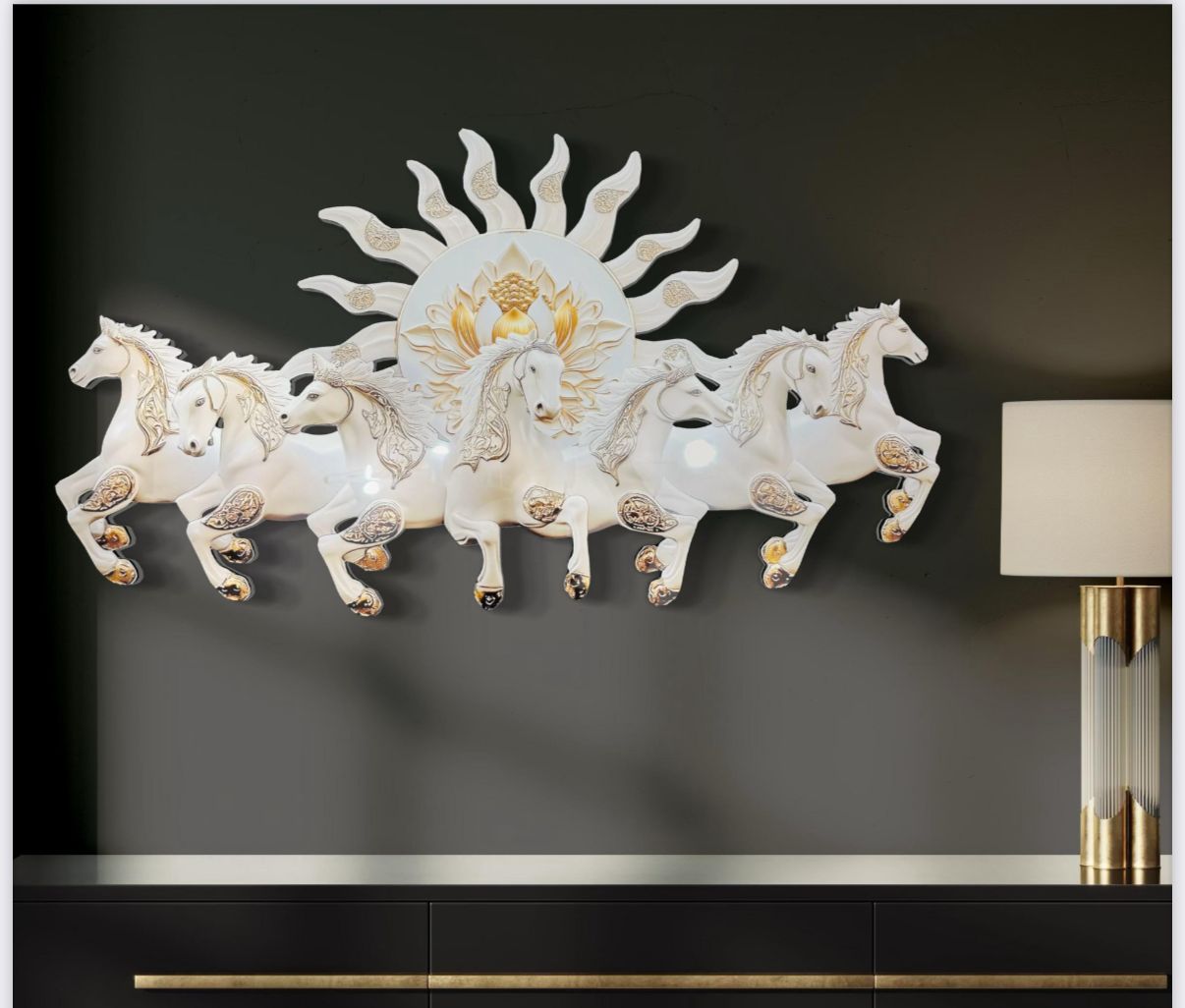 7 Horse Modern Crystal Glass Painting [ 36 x 20 Inches ]