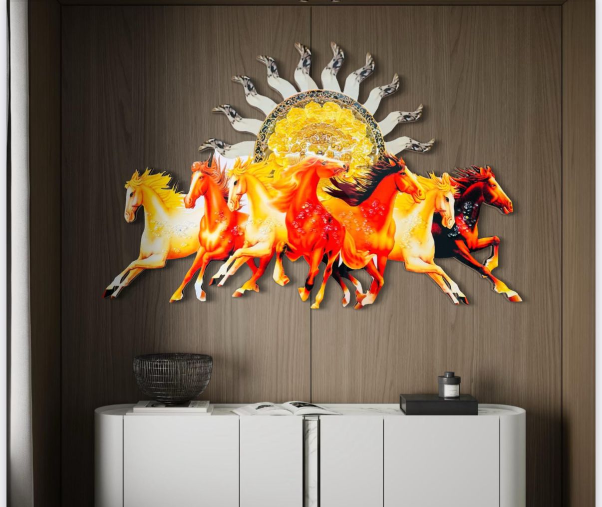 7 Horse Modern Crystal Glass Painting [ 36 x 24 Inches ]