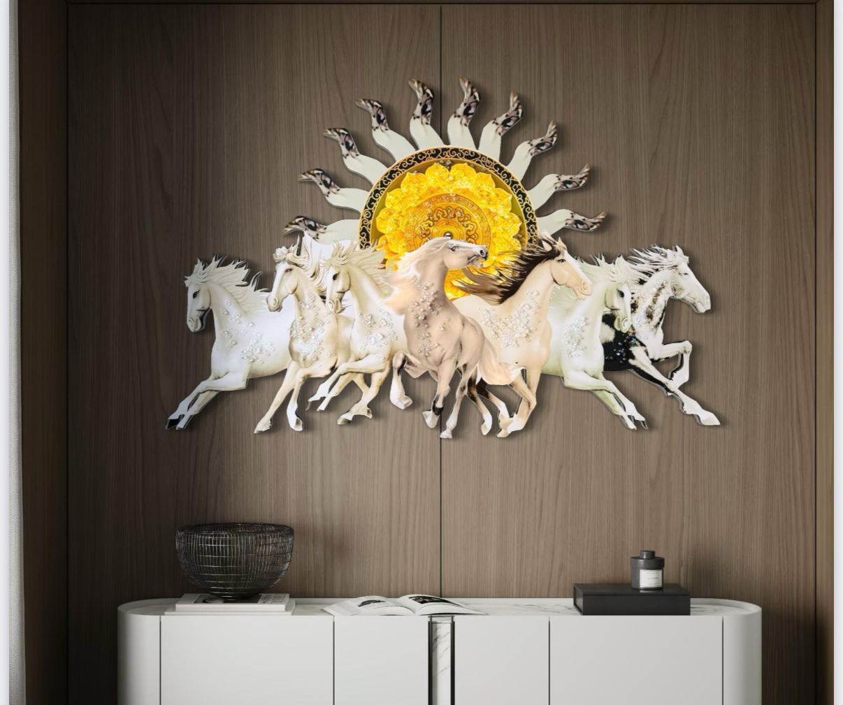 7 Horse Modern Crystal Glass Painting [ 36 x 24 Inches ]