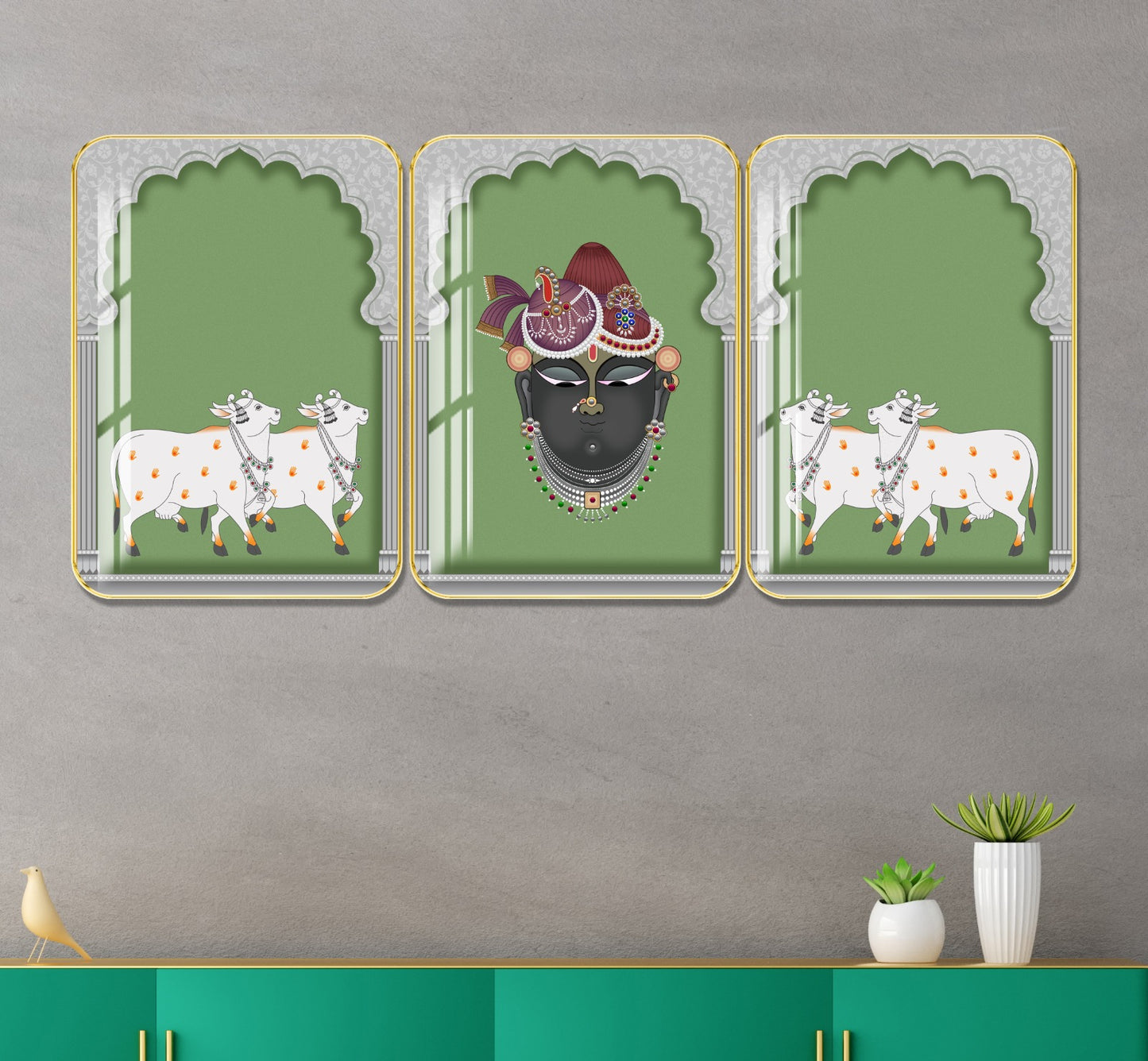 Divine Religious Crystal Wall Painting With Golden Framing - Set of 3 [ 18inch x 24inch ]