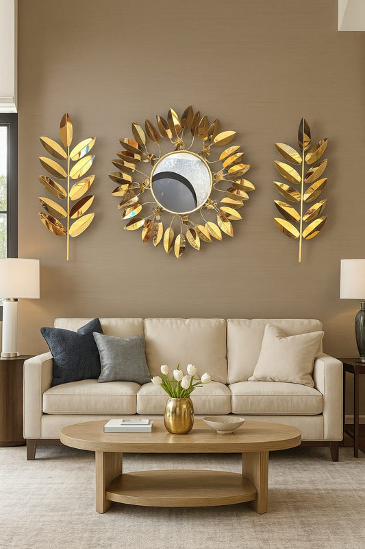 Fancy PVD Metal Wall Art With Mirror [ Pack of 3 ] Style 2