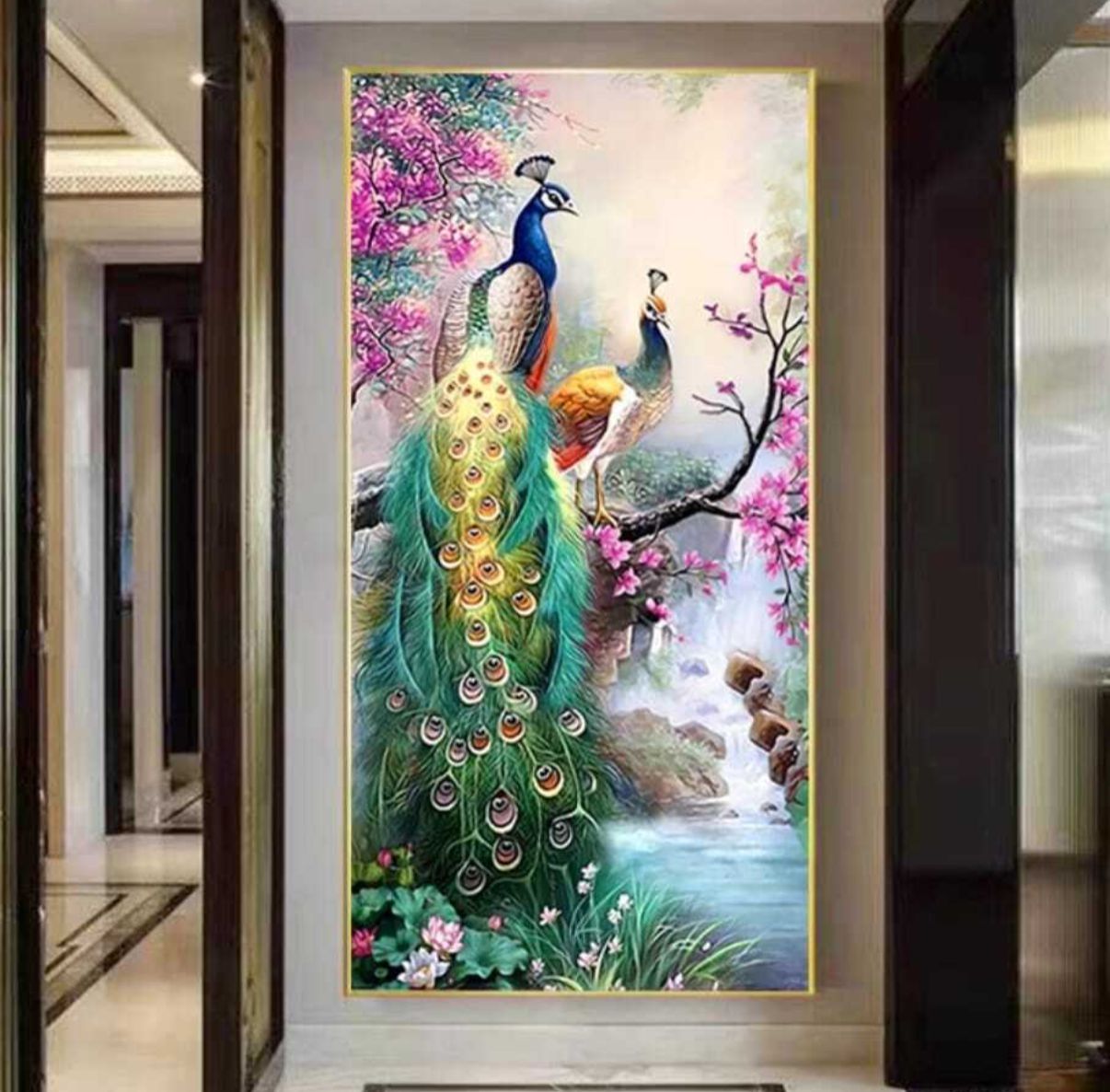 Peacock Design Modern Crystal Glass Painting [ 24 x 48 Inches ]