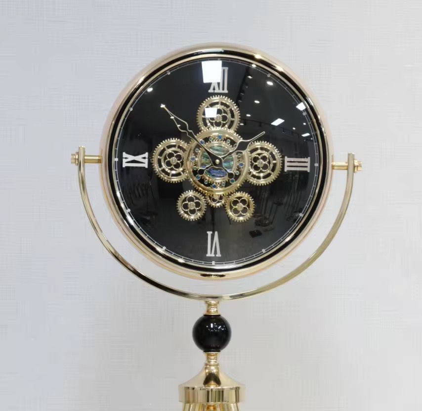 Black Dial Metal Tripod Gear Standing Wall Clock With Gold Framing For Home Decor