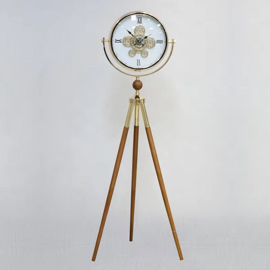 White Dial Metal Tripod Gear Standing Wall Clock With Gold Framing For Home Decor