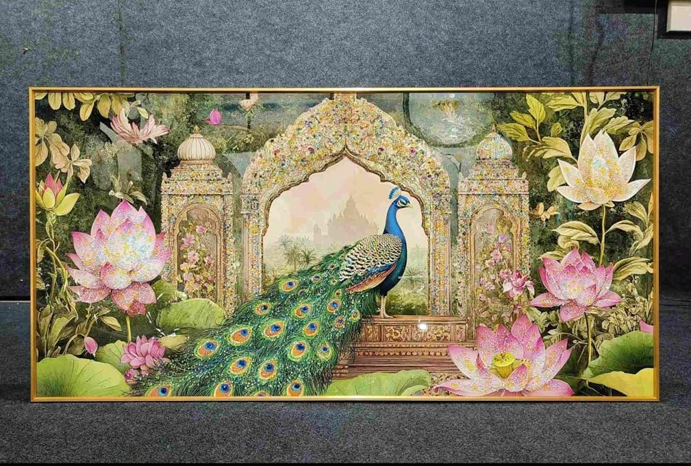 Peacock Design Modern Horizontal Crystal Glass Painting [ 24 x 48 Inches ]