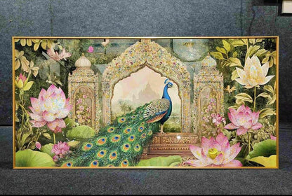 Peacock Design Modern Horizontal Crystal Glass Painting [ 24 x 48 Inches ]