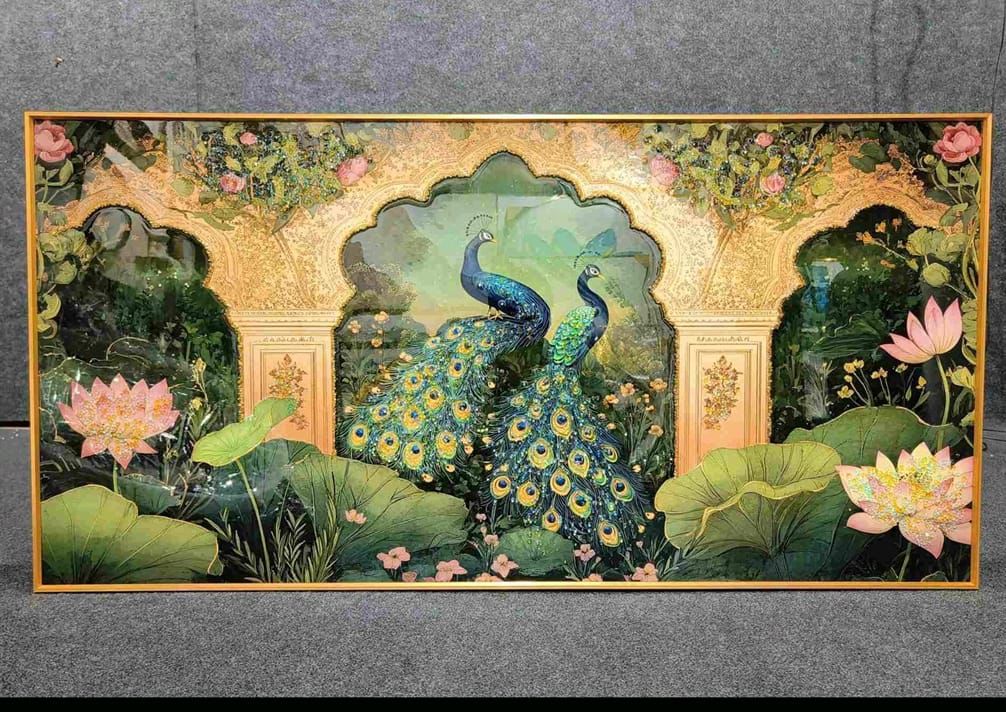 Peacock Design Modern Horizontal Crystal Glass Painting [ 24 x 48 Inches ] Style 1