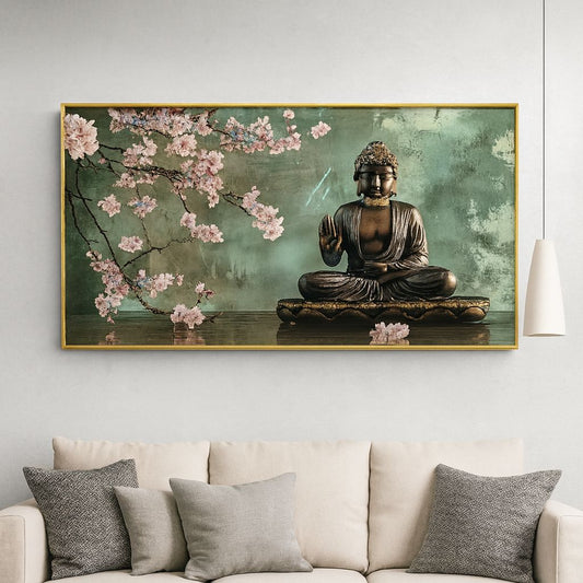 Buddha Design Modern Horizontal Crystal Glass Painting [ 24 x 48 Inches ]