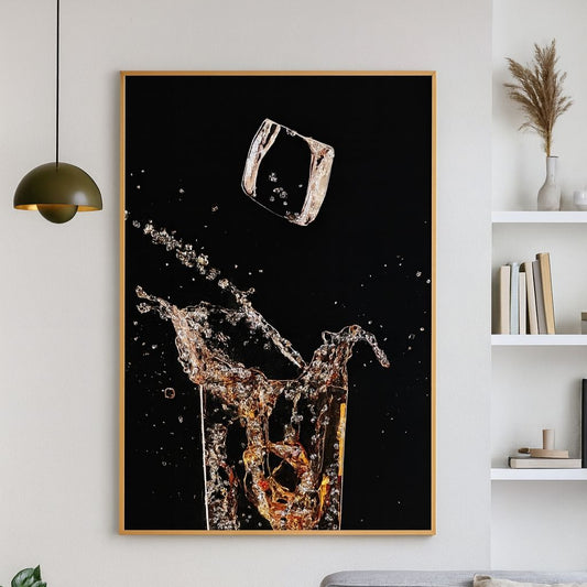 Modern Whiskey Glass Crystal Wall Painting  - Golden Frame, Crystal & Glass Work - LED Light