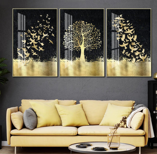 Modern Crystal Painting Set with Golden Frame - 3 Pieces, 16x24 inches