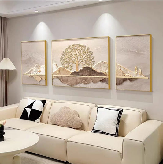 Modern Crystal Painting Set with Metal Framing - Golden Frame, Crystal & Glass Work [Set of 3 ]