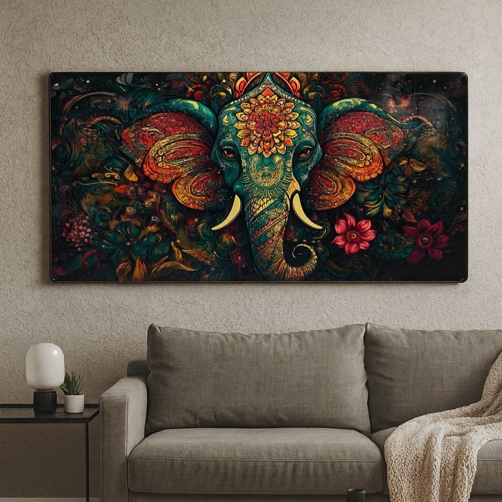 Vintage Elephant Horizontal Crystal Glass Painting [ 24 x 48 Inches ]
