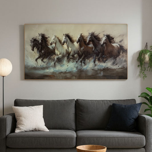 Seven Horses Crystal Glass Painting [ 48 x 24 Inch ] Style 2