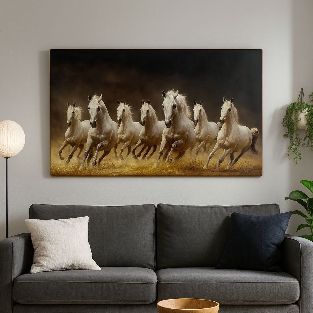 Seven Horses Crystal Glass Painting [ 48 x 24 Inch ] Style 3