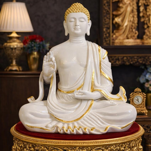 The Enlightened Siddhartha - Polystone Buddha Statue - 2 Feet [ White & Gold ]