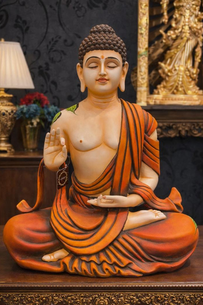 The Enlightened Siddhartha - Polystone Buddha Statue - 2 Feet [Orange ]