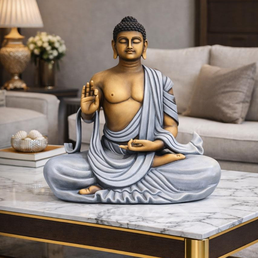 The Enlightened Siddhartha - Polystone Buddha Statue - 2 Feet [ Ice Blue ]