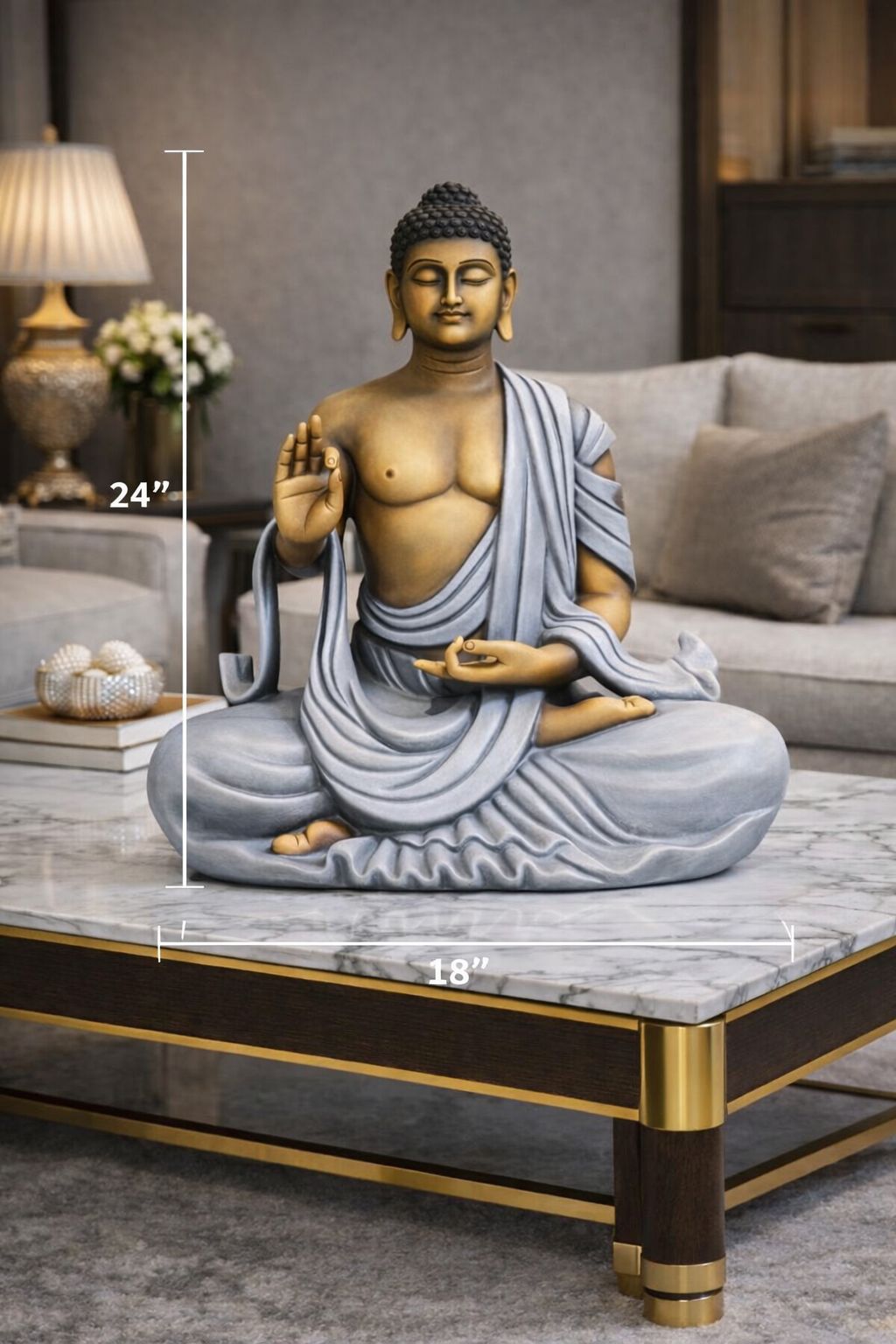 The Enlightened Siddhartha - Polystone Buddha Statue - 2 Feet [ Ice Blue ]