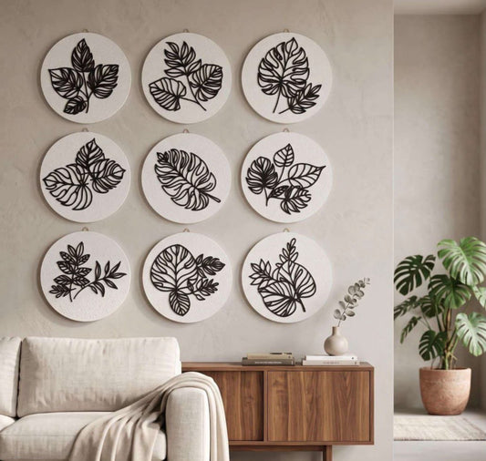 9-Piece Botanical Leaf Wall Art Set – Modern 3D Textured Wall Décor for Living Room