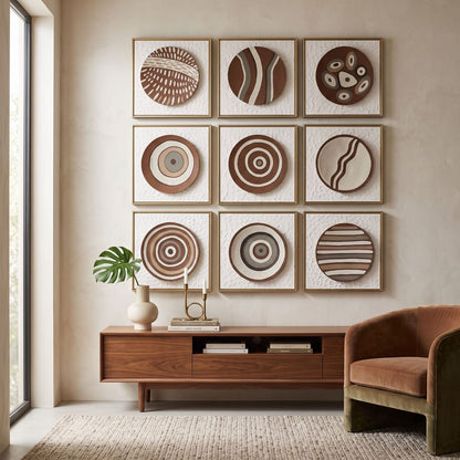 9-Piece 3D Abstract Geometric Wall Art Set – Beige & Brown Textured Wall Décor for Living Room