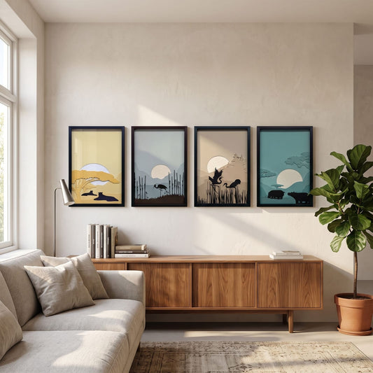 4-Piece Wildlife & Nature Sunset Framed Wall Art Set – Modern Animal Landscape Wall Décor for Living Room