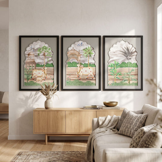 3-Piece Pichwai Cow Wall Art Set – Traditional Indian Heritage Painting for Living Room