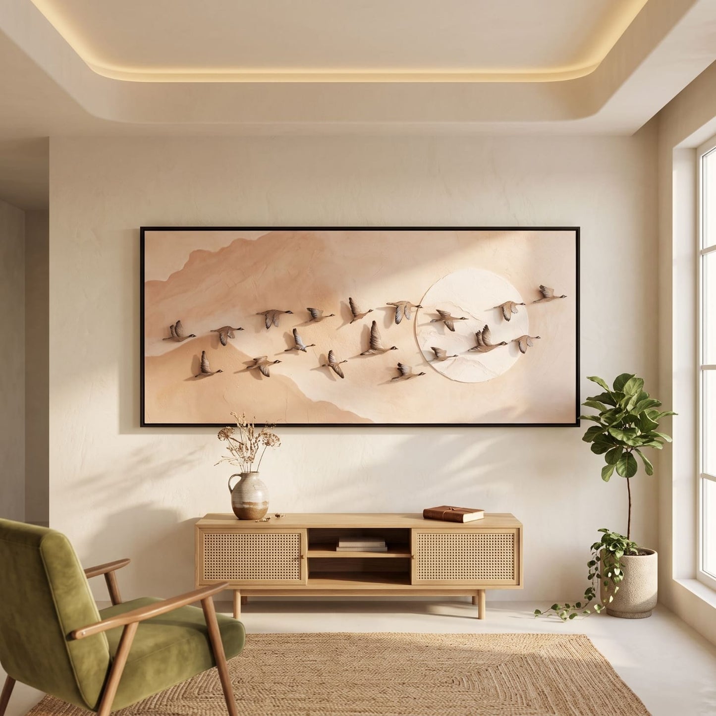 3D Flying Birds Textured Wall Art – Beige Modern Luxury Painting for Living Room