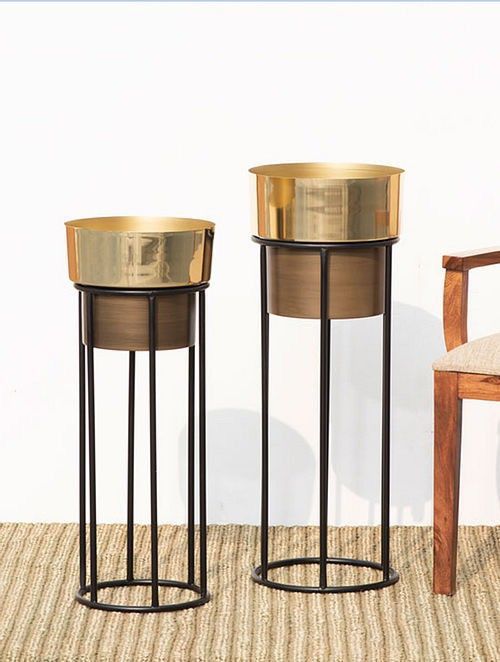 Gold & Brown Metal Planter With Black Stand For Home Decor Set of 2