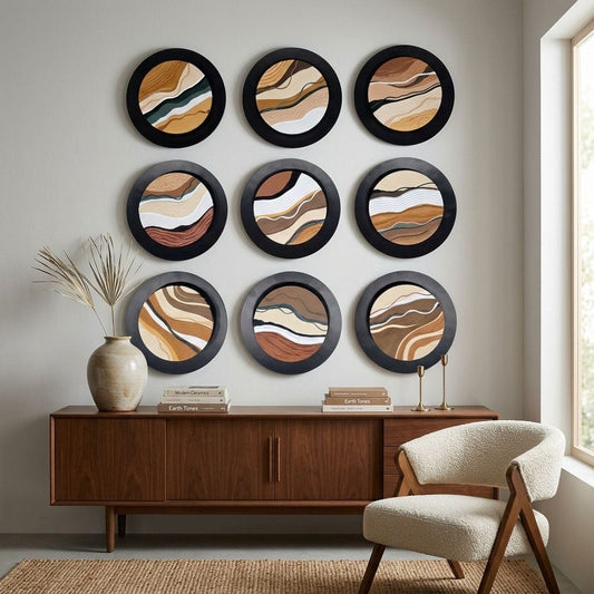9-Piece Abstract Earth Tone Round Wall Art Set – Modern Textured Geometric Wall Décor for Living Room