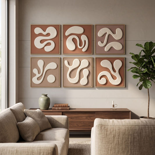 6-Piece Abstract 3D Textured Wall Art Set – Modern Neutral Sculptural Wall Décor for Living Room