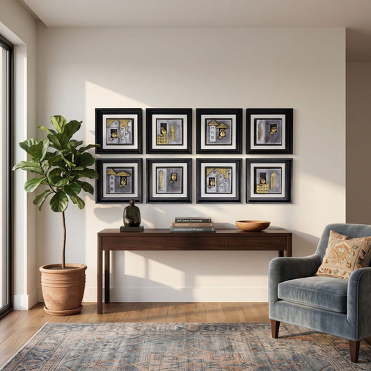8-Piece Contemporary Village & House Framed Wall Art Set – Modern Artistic Wall Décor for Living Room