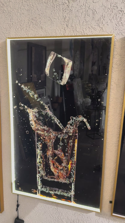 Modern Whiskey Glass Crystal Wall Painting  - Golden Frame, Crystal & Glass Work - LED Light