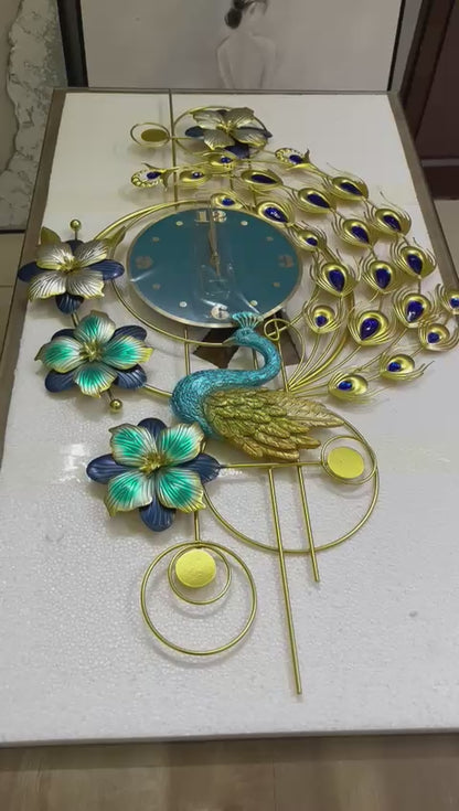 Peacock Metal Wall Clock - Blue Dial, 100cm x 60cm