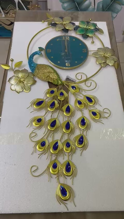 Peacock Metal Wall Clock - Vintage Design, Golden Hue