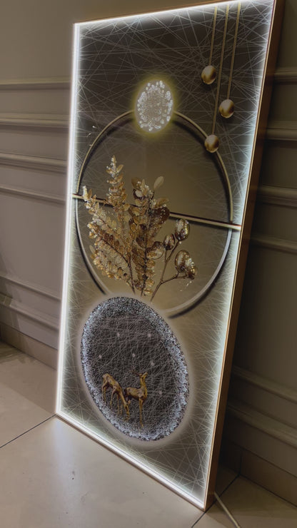 Modern Crystal Glass  Painting with Metal Framing and LED Light - 24x48 Inch