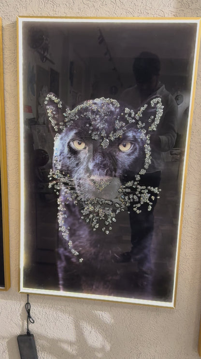 Tiger Crystal Wall Painting  - Golden Frame, Crystal & Glass Work - LED Light