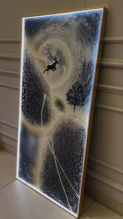 Modern Crystal Glass  Painting with Metal Framing and LED Light - 24x48 Inch