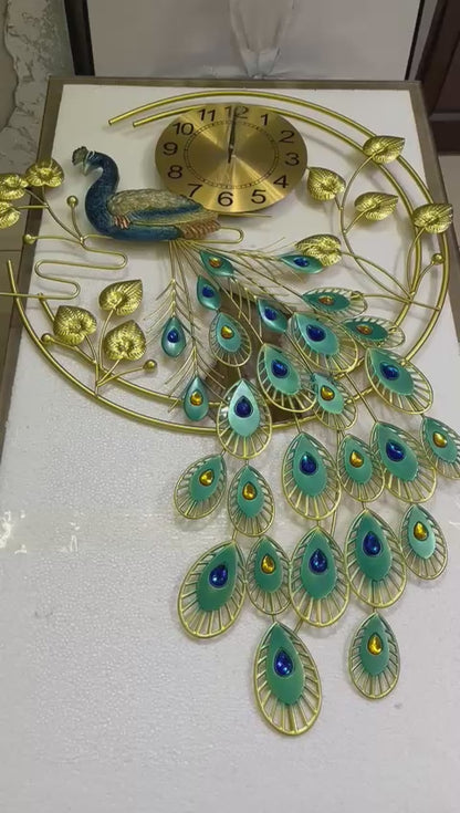Peacock Metal Wall Clock - Classic Golden Hue, Vintage Design